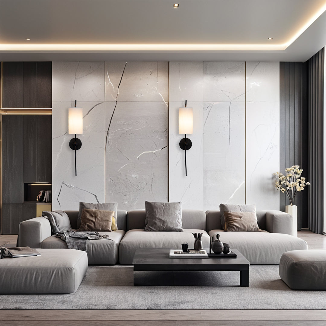 Mid-Century Single Light Wall Sconce with White Linen Shade, Industrial Wall Mounted Lamp with Wavy Black Forged Iron Arm, Hardwired Night Light for Bedroom, Living Room, Hallway