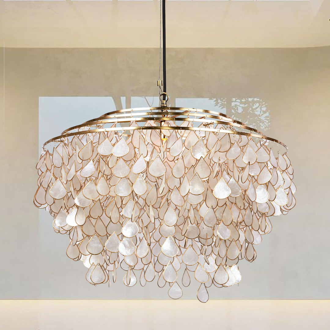 Handcrafted Capiz Shell Chandelier - Artisanal Design with Brass Finish and Versatile Sizing - Stunning Light Fixture for Dining Room or Living Room