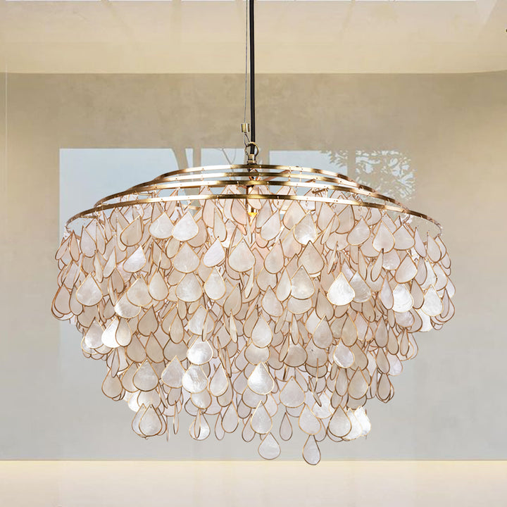 Handcrafted Capiz Shell Chandelier - Artisanal Design with Brass Finish and Versatile Sizing - Stunning Light Fixture for Dining Room or Living Room