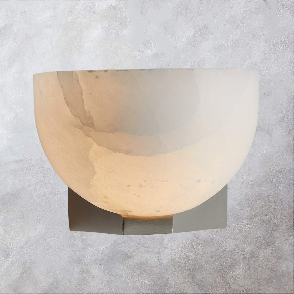 Engraved Elegance Alabaster Sconce: Handcarved Alabaster Wall Light with Globe-like Contours and Burnished Brass for Living Room, Kitchen, or Bedroom Wall Lighting