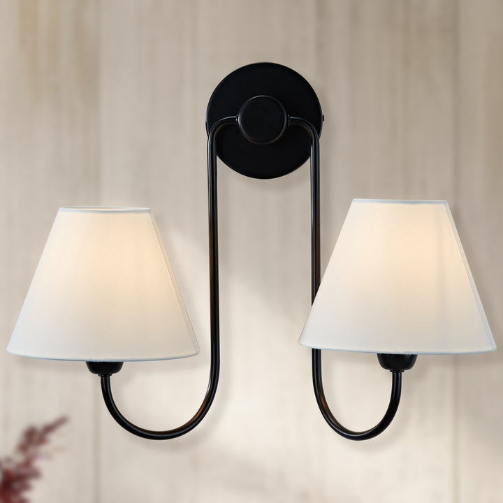 Modern Linen Shade Double Swoop Sconce - Stainless Steel and Oil Brushed Bronze with White Linen Shade - Stylish Moisture Resistant Wall Sconce for Living Room
