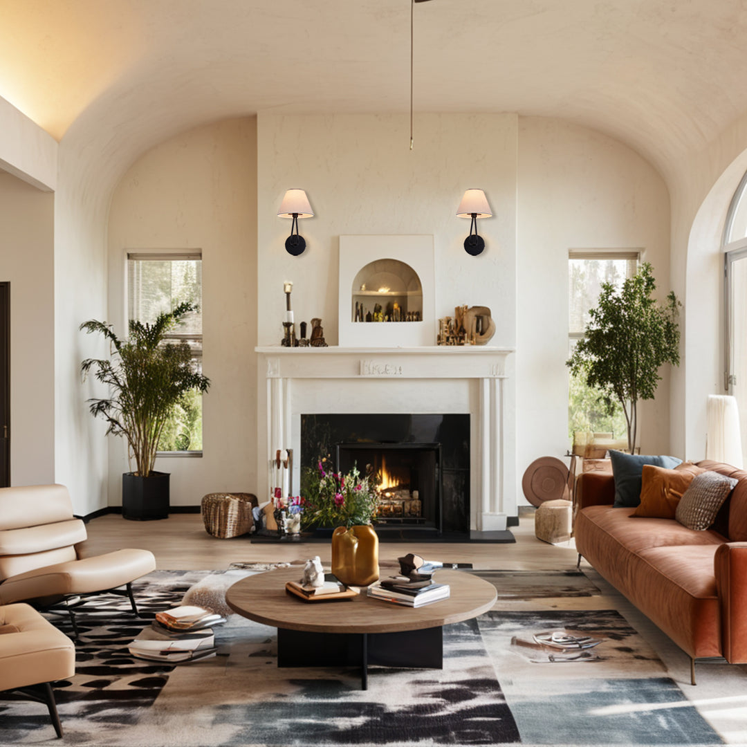 Classic Wall Lighting with Cream Linen Shade, Mid-century Modern Wall Mounted Lamp with Antique Hand-painted Metal Finish, Hardwired Light Fixture for Bedroom, Living Room, Corridor, Entryway