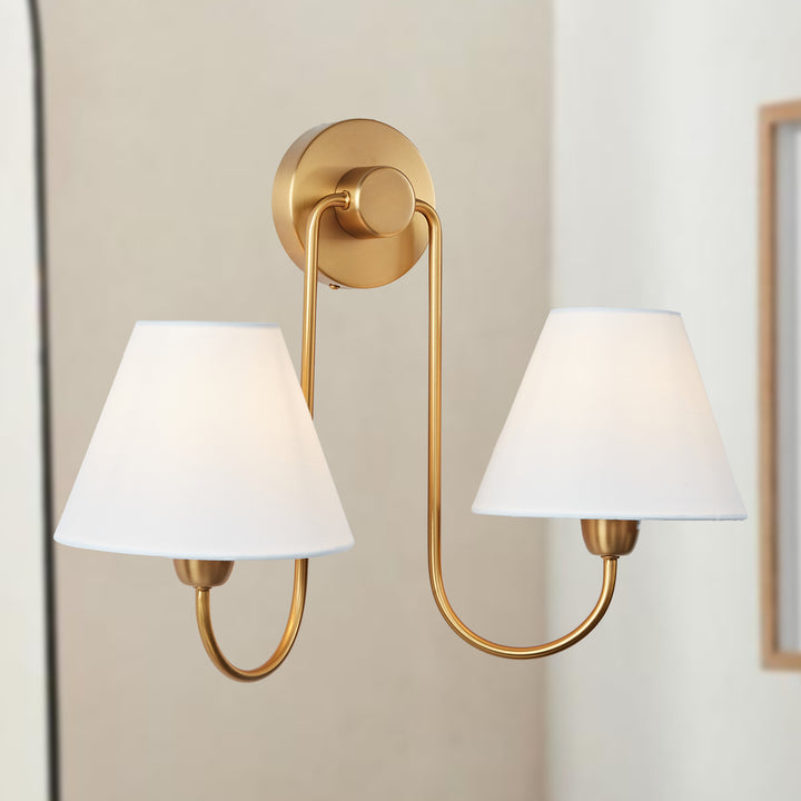 Modern Linen Shade Double Swoop Sconce - Stainless Steel and Oil Brushed Bronze with White Linen Shade - Stylish Moisture Resistant Wall Sconce for Living Room