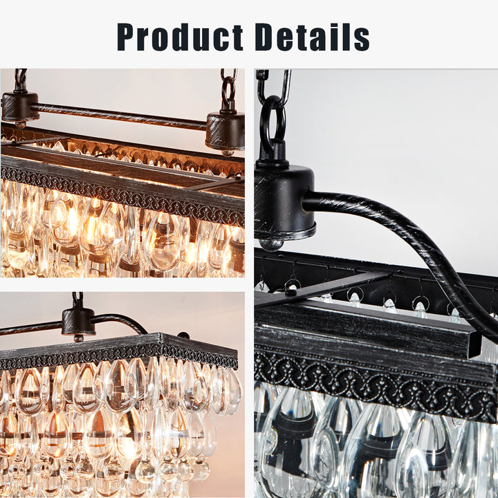 Crystal Raindrop Elegance Rectangular Chandelier - Faceted-Glass Crystals and Rain Drop Display for Dining Room and Living Room Lighting