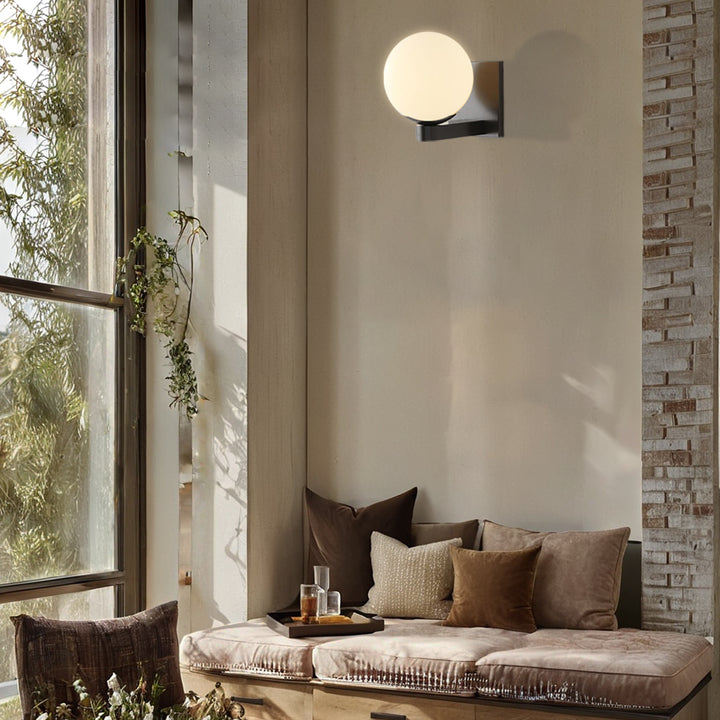 Globe Shade Matte Finish with Brass Accents Single Light Sconce - Blown Glass and Steel Frame for Outdoor, Living Room