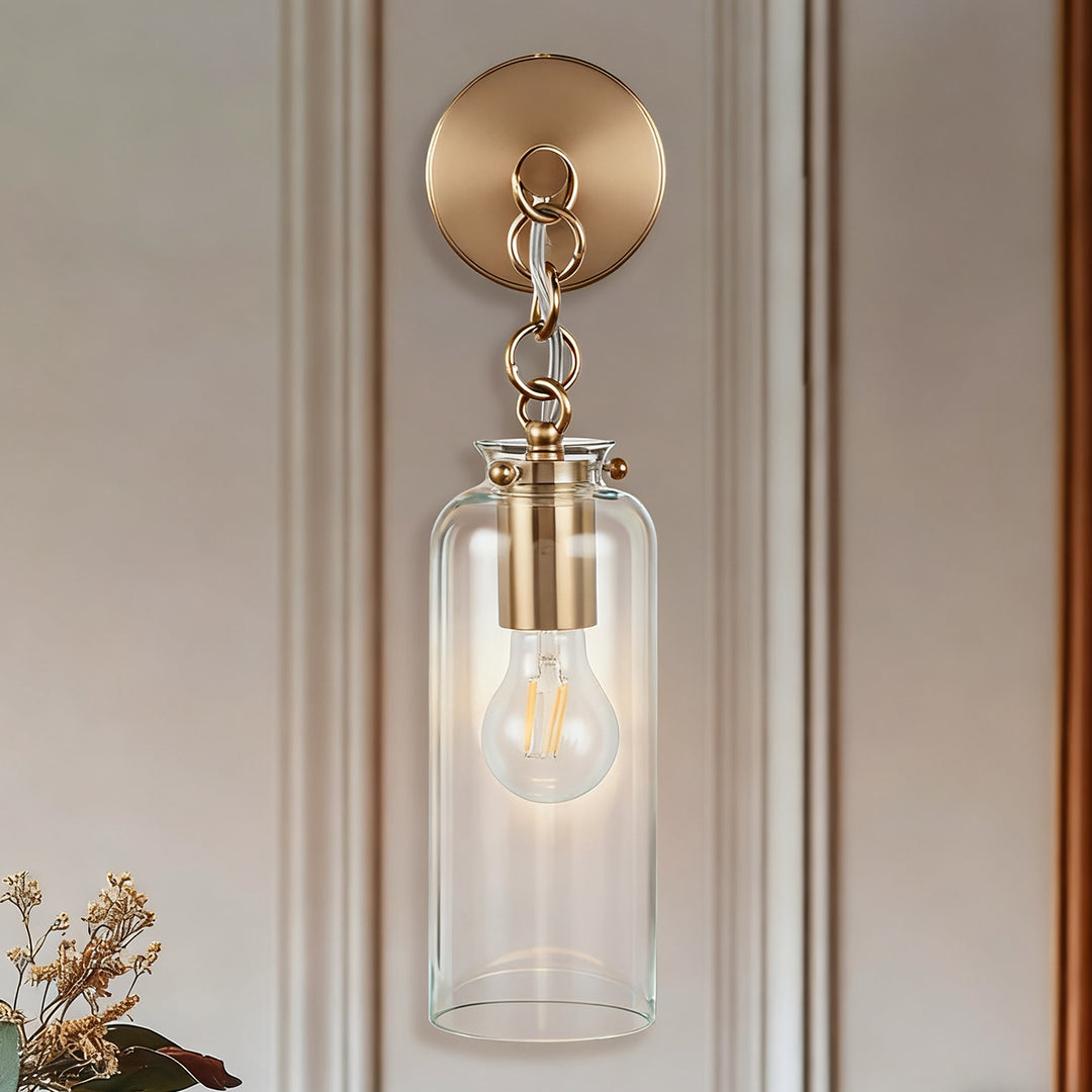 Aged Brass Sconce Wall Lamp, Retro Wall Mounted Lighting with Clear Glass Tube, Decorative Wall Light Fixture for Living Room, Bedroom, Hallway, Kitchen, Staircase