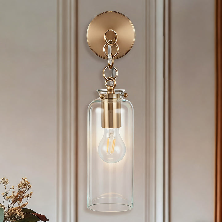 Aged Brass Sconce Wall Lamp, Retro Wall Mounted Lighting with Clear Glass Tube, Decorative Wall Light Fixture for Living Room, Bedroom, Hallway, Kitchen, Staircase