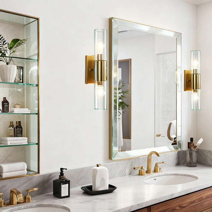 Rustic Geometric Design Double Tube Wall Sconce - Damp Rated Hand-Cut Glass Fixture for Bathroom, Bedroom Wall Sconces, and Wall Lamps