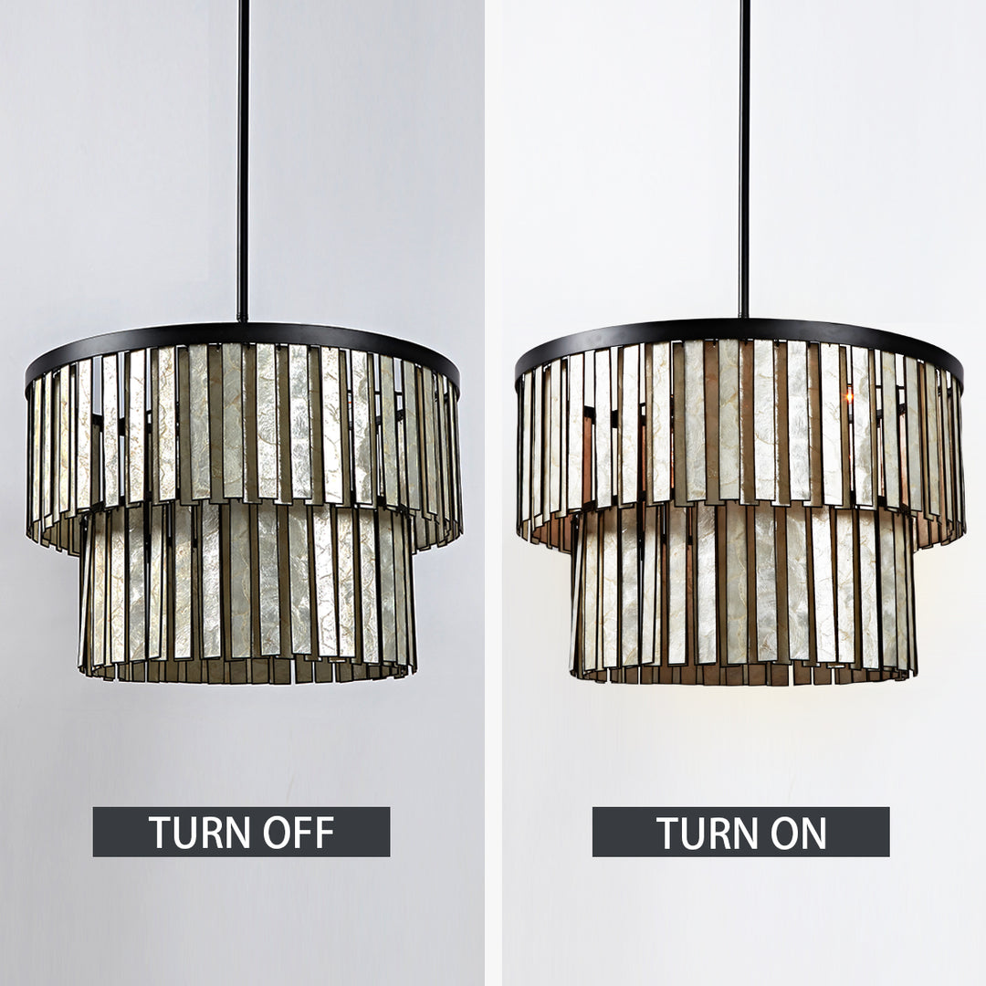 Coastal Astrid Capiz Round Chandelier perfect for a formal dining room, inspired bedroom or casual breakfast nook