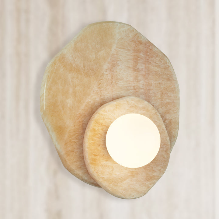 Opaline Cream Sculpture Wall Sconce: Natural Cream Onyx with Opaque White Glass Globe Bulb, Sculptural Design for Living Room, Bathroom, or Bedroom Wall Lighting