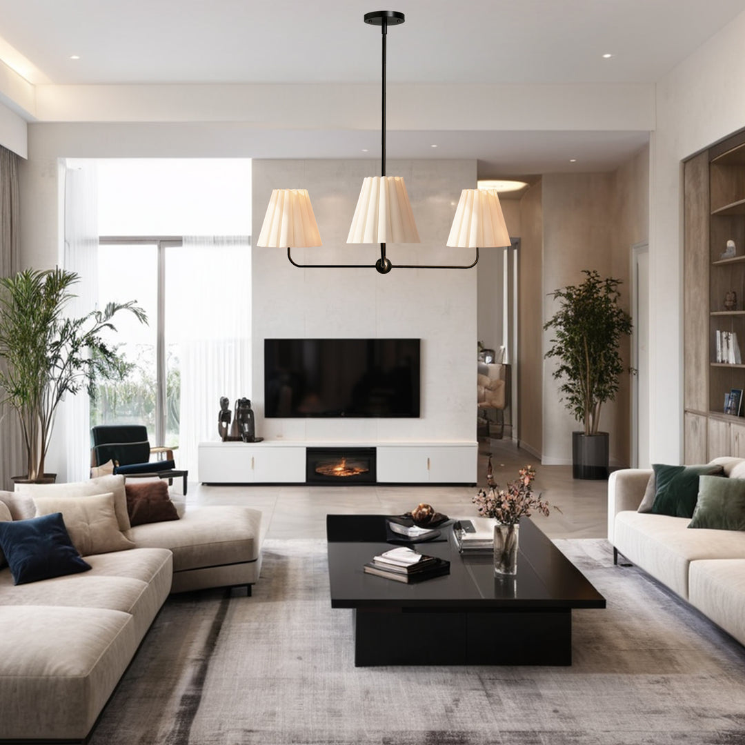 Mid-centry Modern Chandelier with Adjustable Height (18-54"), 3-Light Pendant Light over Table, Scandinavian Kitchen Island Lighting Fixture with Linen Shade for Dining Room Living Room