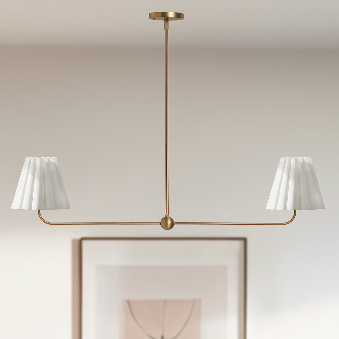 Kitchen Island Lighting with Pleated Linen Shade, 2 Lights Linear Chandelier with Adjustable Height (18-46"), Modern Ceiling Hanging Pendant Light for Dining Room, Living Room, Bedroom