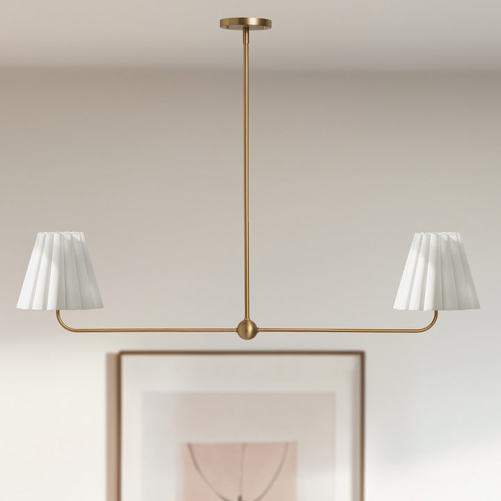Kitchen Island Lighting with Pleated Linen Shade, 2 Lights Linear Chandelier with Adjustable Height (18-46"), Modern Ceiling Hanging Pendant Light for Dining Room, Living Room, Bedroom