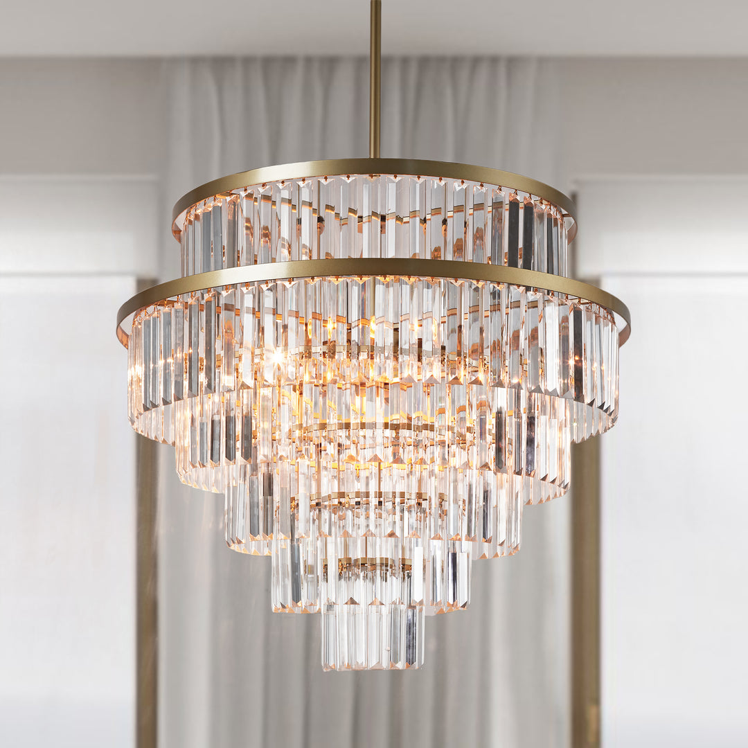 Crystal Elegance Vintage Brass Living Room Chandelier - Stunning Fixture with Clear Faceted Crystals, Suitable for Living Room