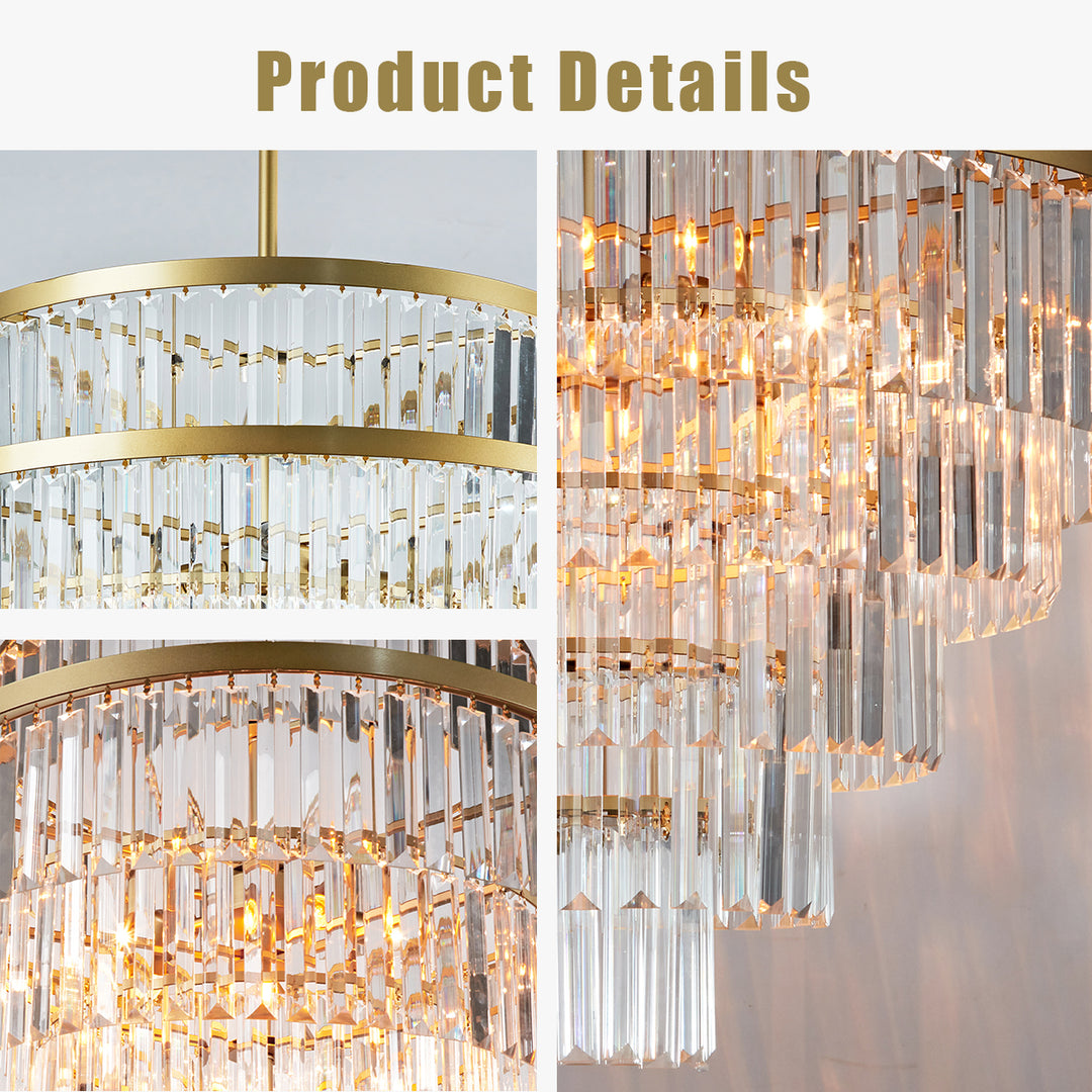 Crystal Elegance Vintage Brass Living Room Chandelier - Stunning Fixture with Clear Faceted Crystals, Suitable for Living Room