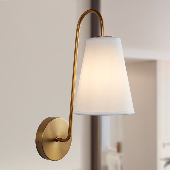 Elegant Design Minimalist Sconce with Linen Shade - Damp Rated in Brass or Plated Steel, Ideal for Bedroom and Modern Living Room Fixtures