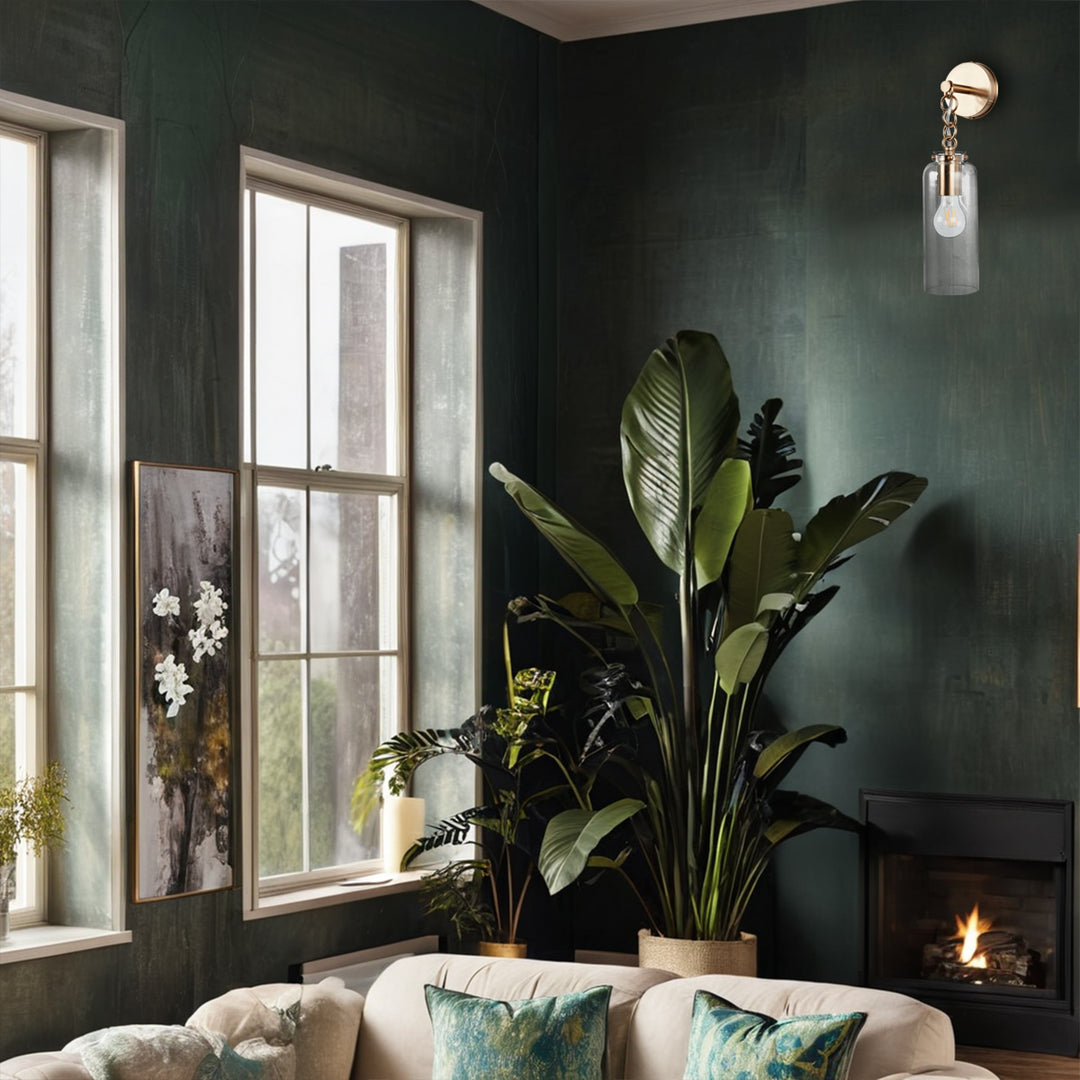 Aged Brass Sconce Wall Lamp, Retro Wall Mounted Lighting with Clear Glass Tube, Decorative Wall Light Fixture for Living Room, Bedroom, Hallway, Kitchen, Staircase