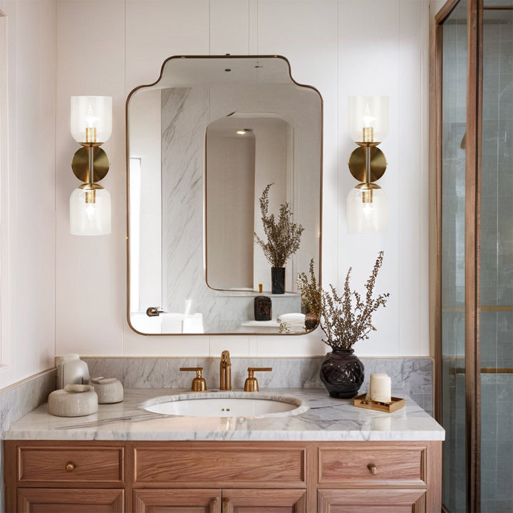Antique Bronze Double Sconce with Ribbed Glass Shades and Bell-Shaped Design for Durable Indoor Lighting
