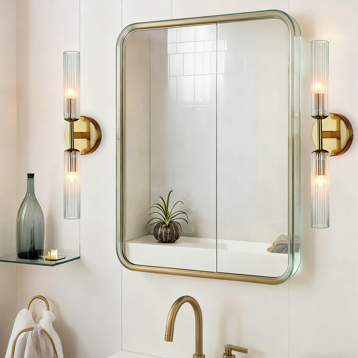 Antique Bronze Double Tube Sconce with Ribbed Glass Shades and Cylindrical Design for Durable Indoor Lighting