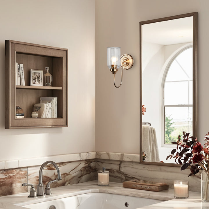 Antique Gooseneck Brass Sconce with Clear Fluted Glass, Gold Wall Mounted Lamp Beside Mirror, Wet-rated Wall Light for Bathroom, Stairs, Kitchen, Hallway, Fireplace (E26 Base)