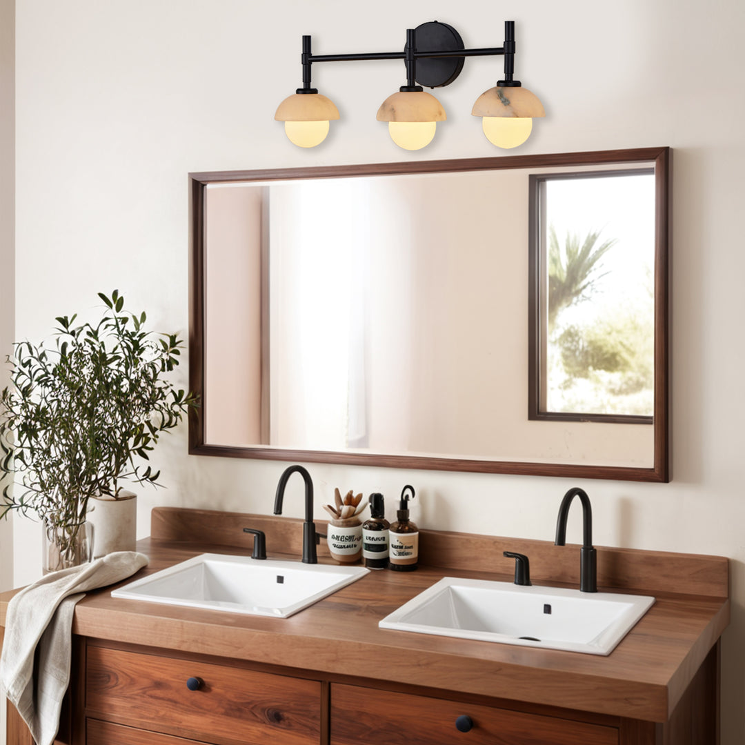 Opulent Glow Hand-Carved Alabaster Bathroom Sconce with Opal Shades - Elegant Light Fixture