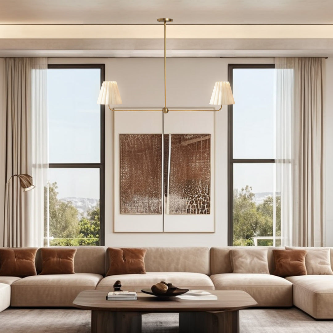 Kitchen Island Lighting with Pleated Linen Shade, 2 Lights Linear Chandelier with Adjustable Height (18-46"), Modern Ceiling Hanging Pendant Light for Dining Room, Living Room, Bedroom
