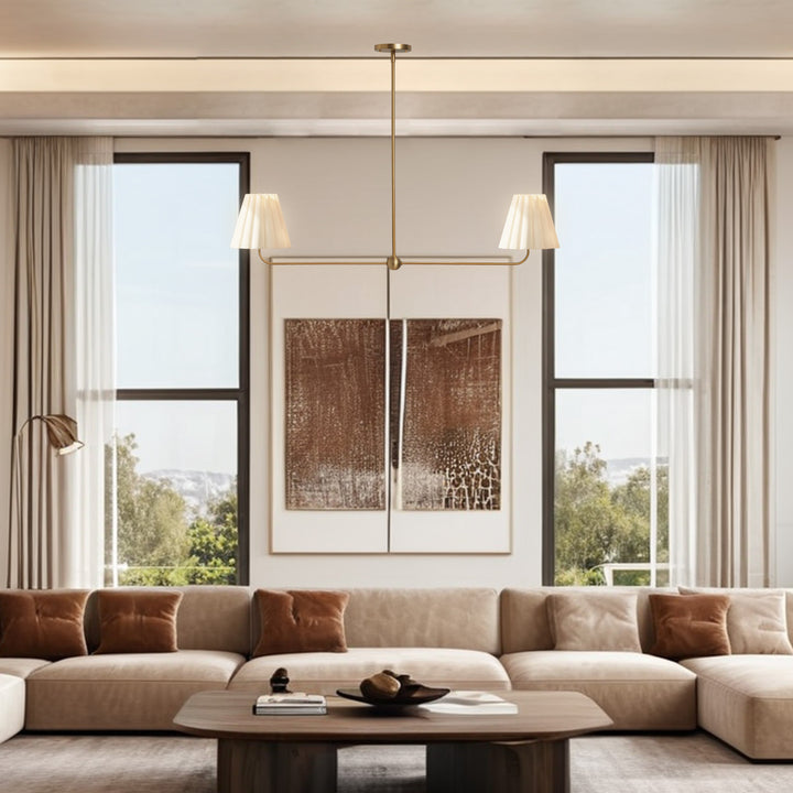 Kitchen Island Lighting with Pleated Linen Shade, 2 Lights Linear Chandelier with Adjustable Height (18-46"), Modern Ceiling Hanging Pendant Light for Dining Room, Living Room, Bedroom