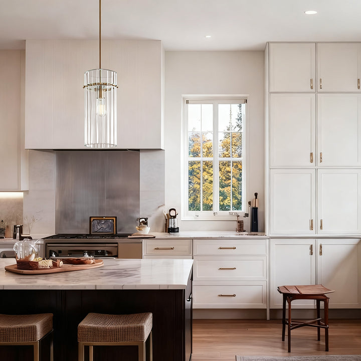 Crystal Fluted Finial Pendant with Tumbled Brass Finish - Hand-Blown Cut Crystal Clear Glass Shade with Fluted Effect and Finial Details for Living Room, Bedroom