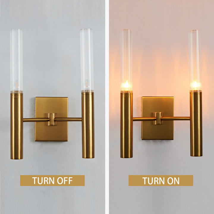 Mid-Century Modern Wall Sconce with Vintage Brass Finish and Ribbed Glass Shades - Ideal for Bathroom and Modern Living Room Fixtures