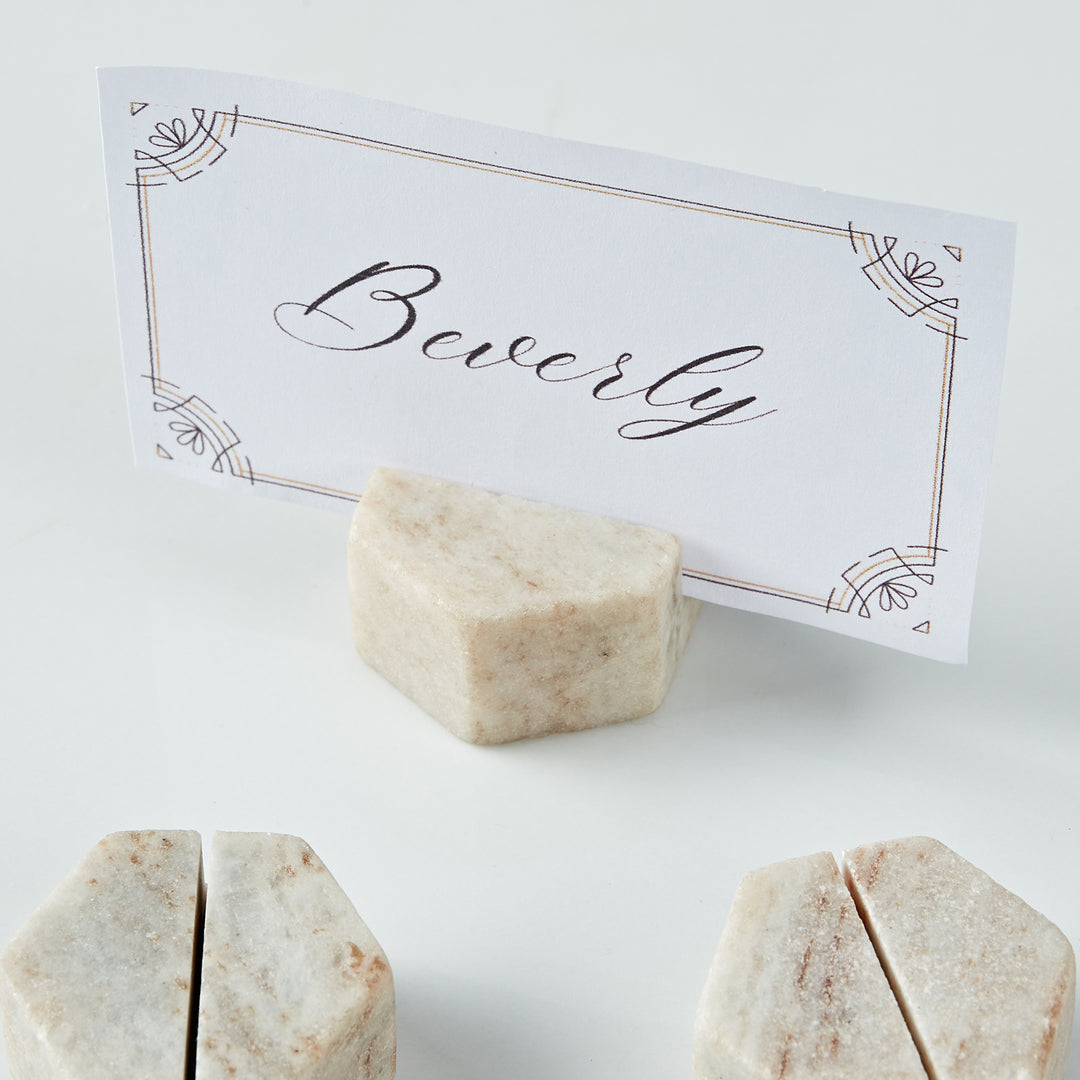 Hexagon Marble Place Card Holders (Set of 4) with Weighted Bases and Precise Slots, Elegant Place Card Holders with Handcrafted Natural Marble, Perfect for Table Decor, Dinner Party, Weddings