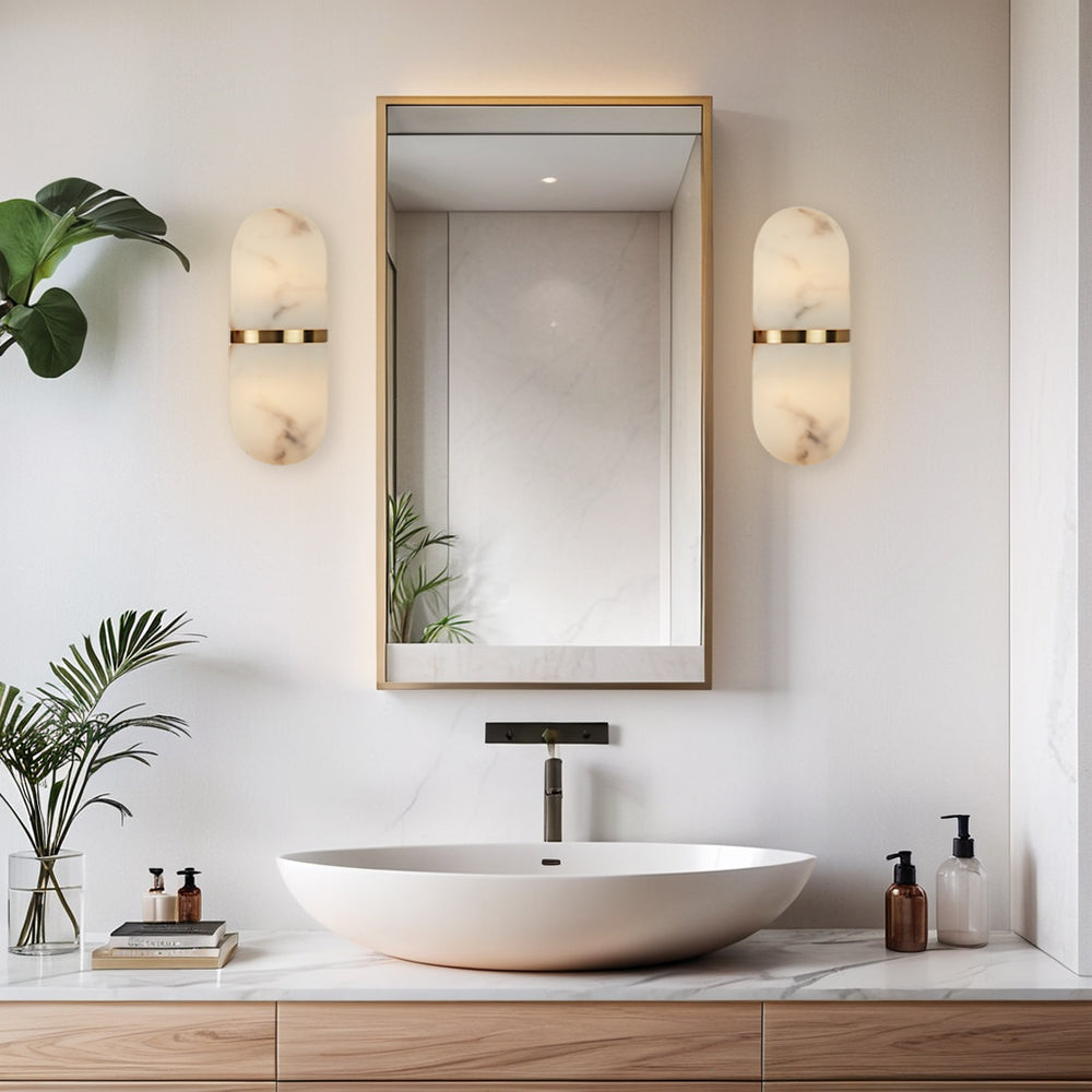 Alabaster Metal Damp Rated Hardwire Sconce - Alabaster and Metal Construction - Ideal for Wall Sconces, Bathroom Sconce, Kitchen Sconce, and Exterior Wall Lights