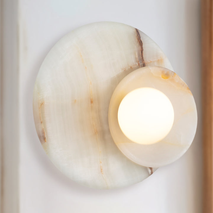 Opaline Cream Sculpture Wall Sconce: Natural Cream Onyx with Opaque White Glass Globe Bulb, Sculptural Design for Living Room, Bathroom, or Bedroom Wall Lighting