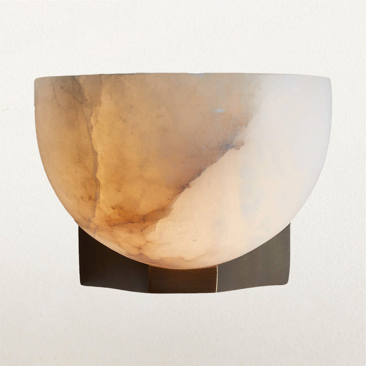 Engraved Elegance Alabaster Sconce: Handcarved Alabaster Wall Light with Globe-like Contours and Burnished Brass for Living Room, Kitchen, or Bedroom Wall Lighting