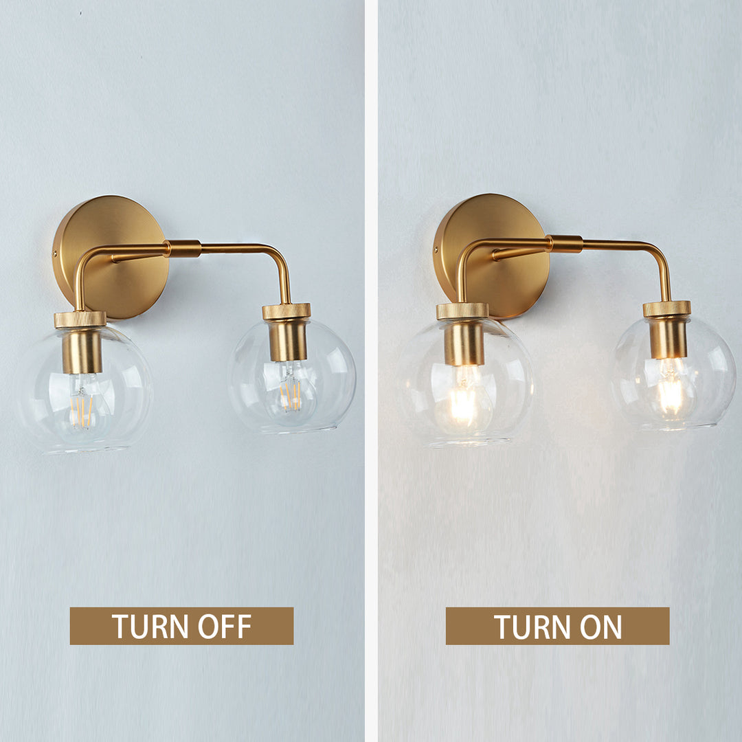 Globe Shade Matte Finish with Brass Accents Double Light Sconce - Elegant Blown Glass and Steel Frame, Bathroom Sconce