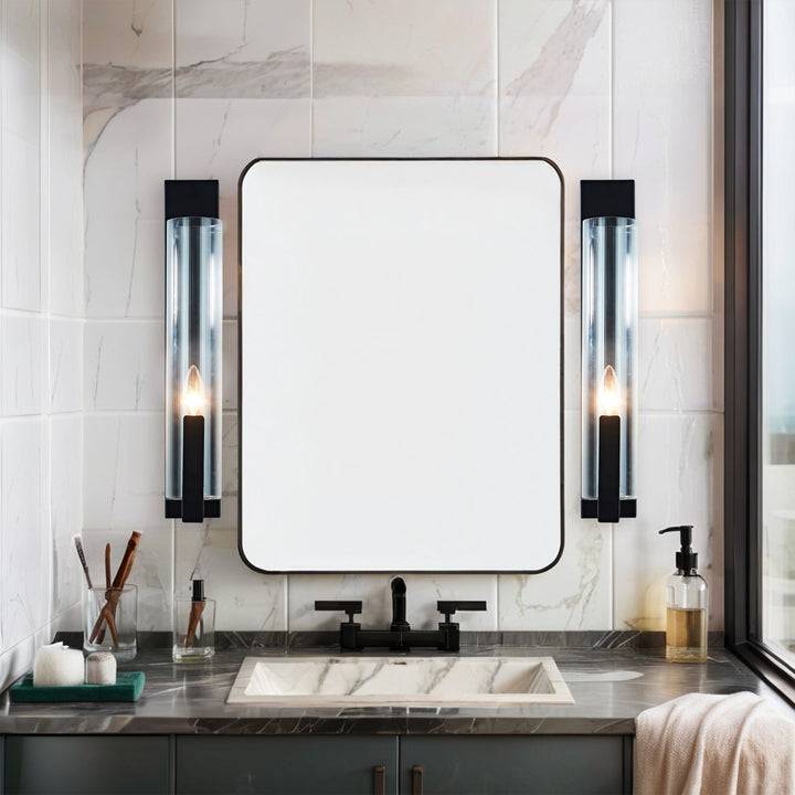 Clear Ribbed Glass Iron Forge Sconce - Long Shape with Vintage Gold Leaf Finish and Clear Ribbed Glass - Stylish Bathroom Sconce Lights and Modern Wall Lighting