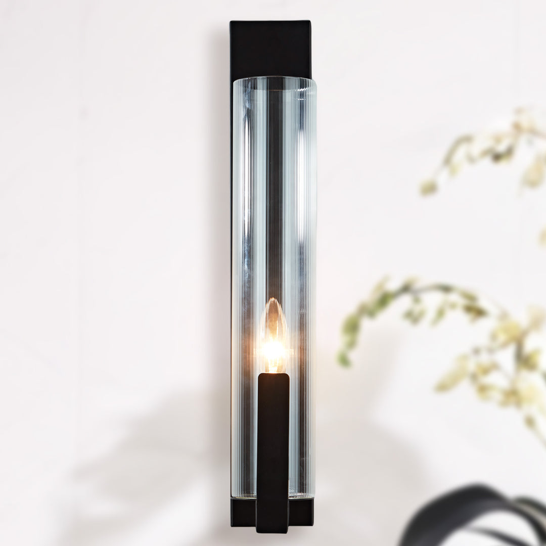 Clear Ribbed Glass Iron Forge Sconce - Long Shape with Vintage Gold Leaf Finish and Clear Ribbed Glass - Stylish Bathroom Sconce Lights and Modern Wall Lighting