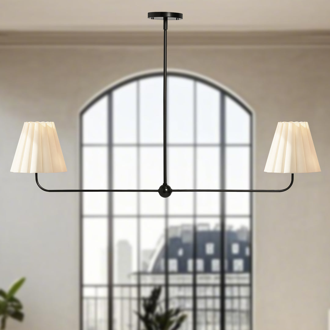 Kitchen Island Lighting with Pleated Linen Shade, 2 Lights Linear Chandelier with Adjustable Height (18-46"), Modern Ceiling Hanging Pendant Light for Dining Room, Living Room, Bedroom