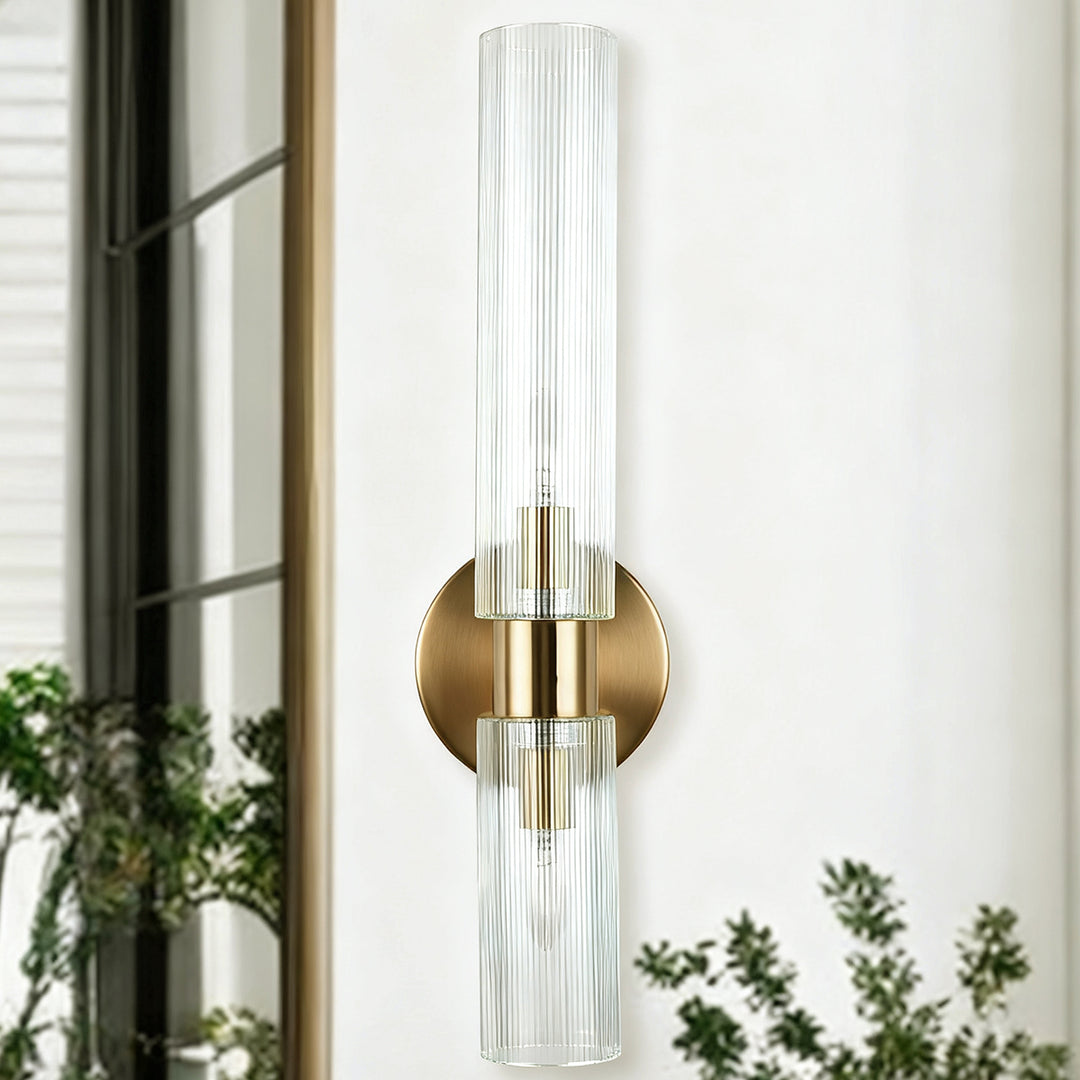Modern 2-Light Wall Sconce with Clear Fluted Glass, Asymmetrical Double Tube Sconce Wet-rated Bathroom Light Fixture Over Mirror, Hardwired Wall Mount Lamp for Bedroom, Hallway, Living Room