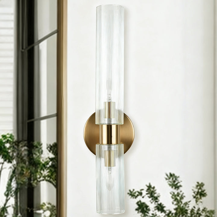 Modern 2-Light Wall Sconce with Clear Fluted Glass, Asymmetrical Double Tube Sconce Wet-rated Bathroom Light Fixture Over Mirror, Hardwired Wall Mount Lamp for Bedroom, Hallway, Living Room