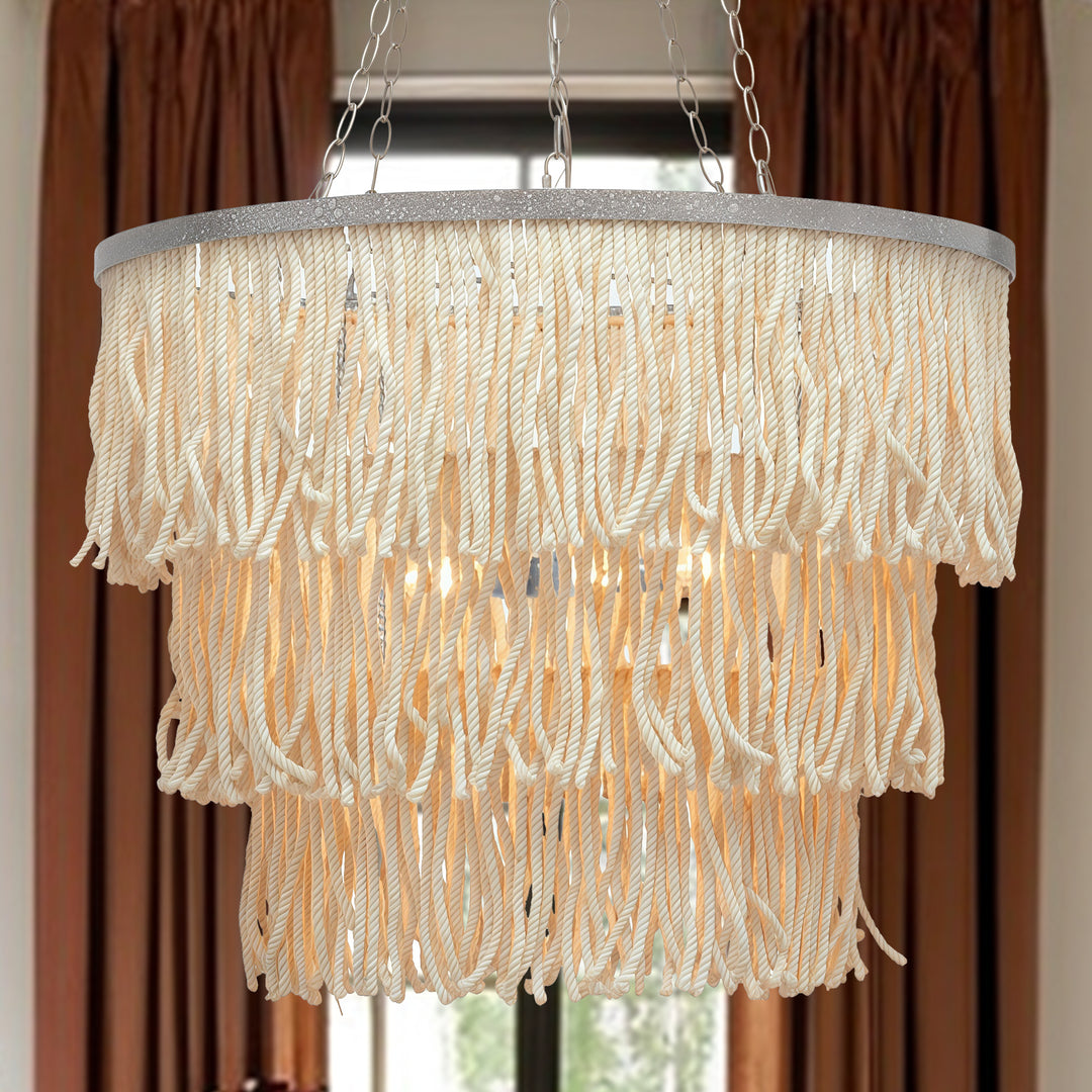 Boho 3-Tiered Fringe Chandelier, Mediterranean Tassel Pendant Light with Decorative Rope, Coastal Farmhouse Hanging Light for Living Room, Dining Room, Bedroom