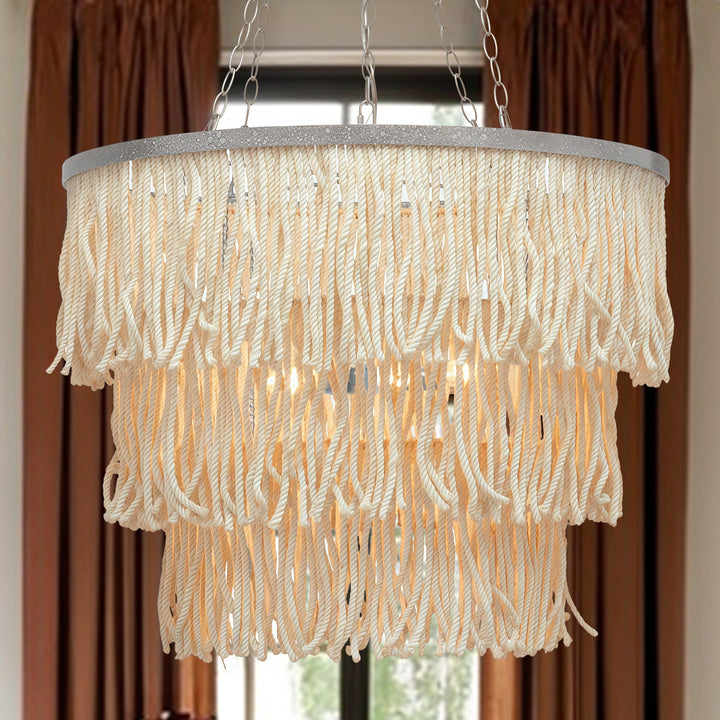 Boho 3-Tiered Fringe Chandelier, Mediterranean Tassel Pendant Light with Decorative Rope, Coastal Farmhouse Hanging Light for Living Room, Dining Room, Bedroom