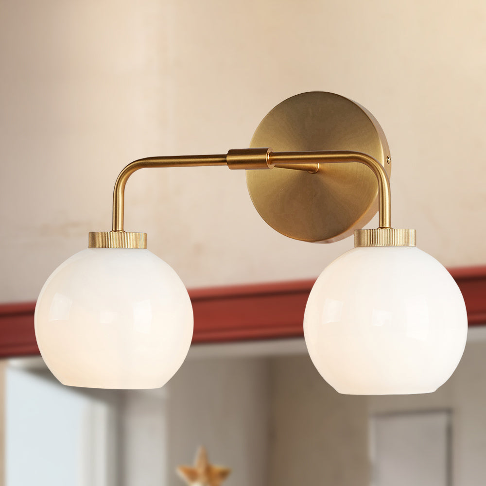 Globe Shade Matte Finish with Brass Accents Double Light Sconce - Elegant Blown Glass and Steel Frame, Bathroom Sconce