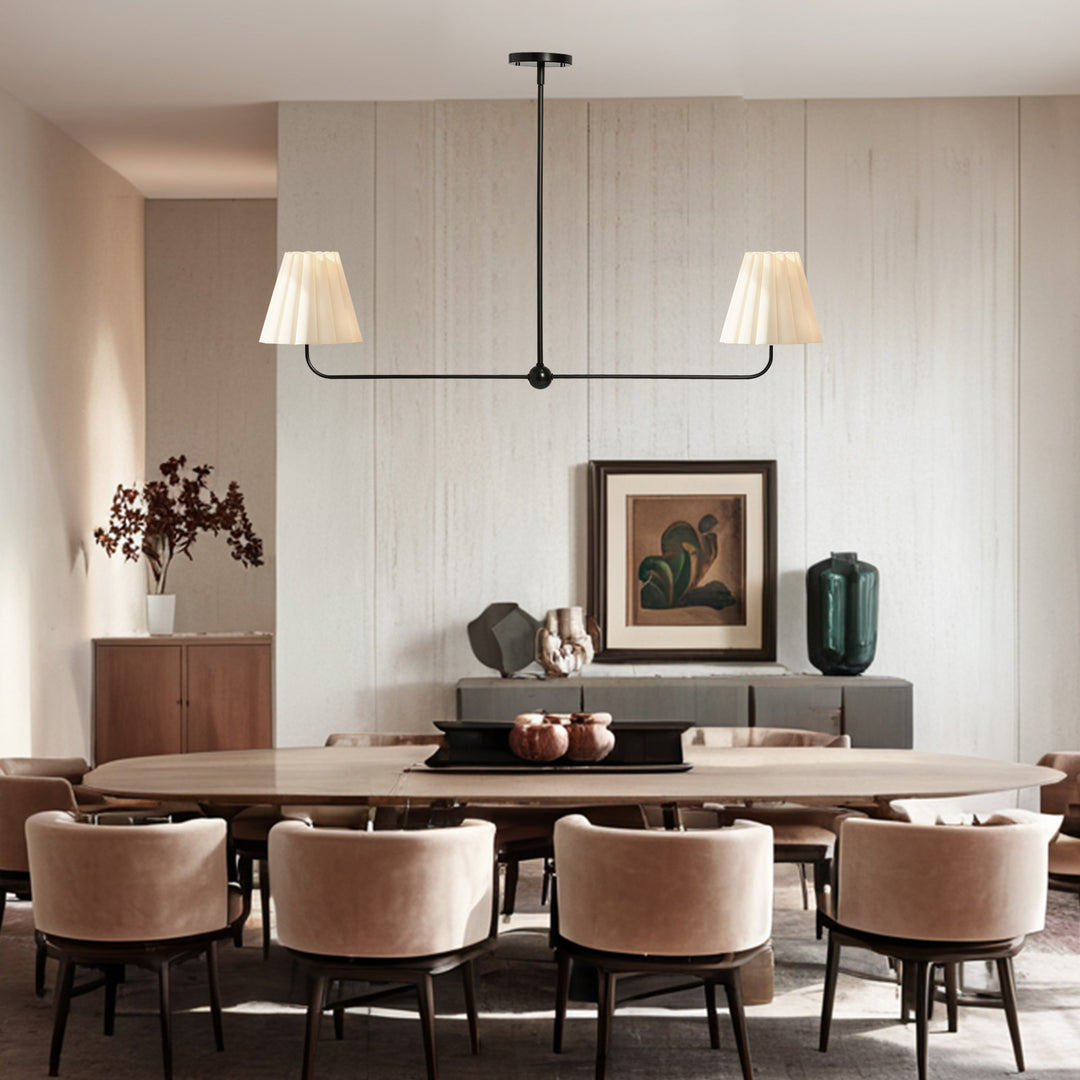 Kitchen Island Lighting with Pleated Linen Shade, 2 Lights Linear Chandelier with Adjustable Height (18-46"), Modern Ceiling Hanging Pendant Light for Dining Room, Living Room, Bedroom