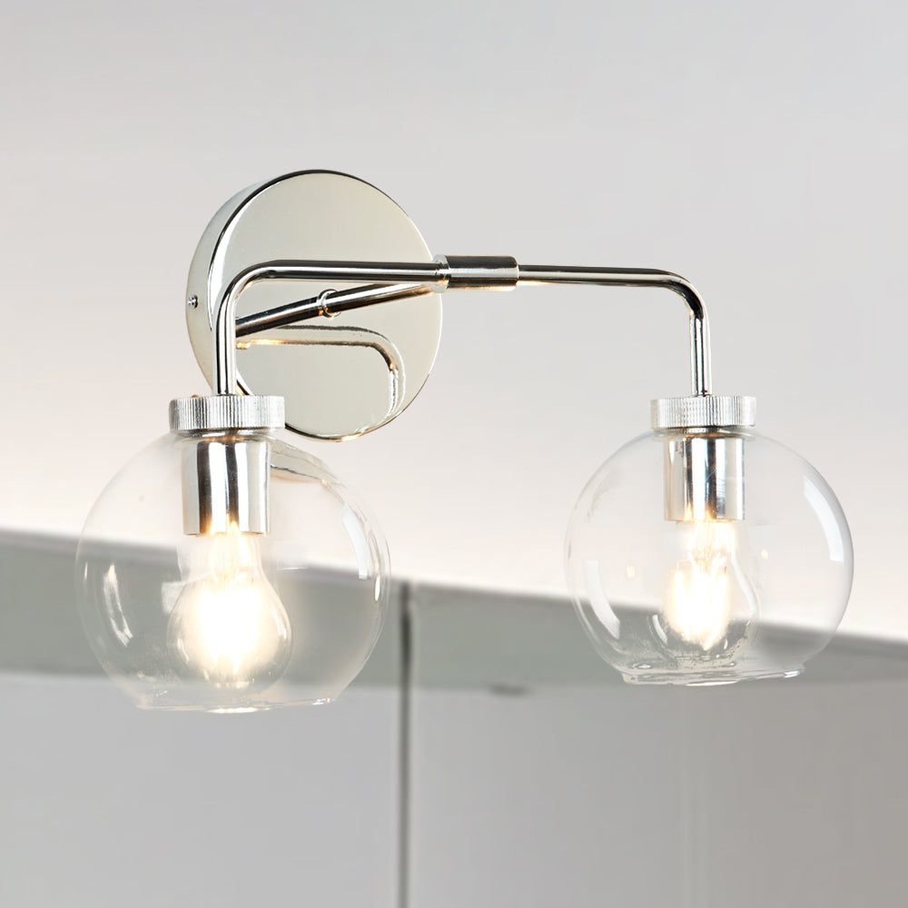 Globe Shade Matte Finish with Brass Accents Double Light Sconce - Elegant Blown Glass and Steel Frame, Bathroom Sconce