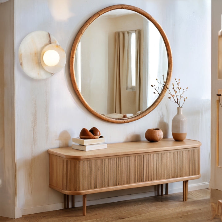Opaline Cream Sculpture Wall Sconce: Natural Cream Onyx with Opaque White Glass Globe Bulb, Sculptural Design for Living Room, Bathroom, or Bedroom Wall Lighting