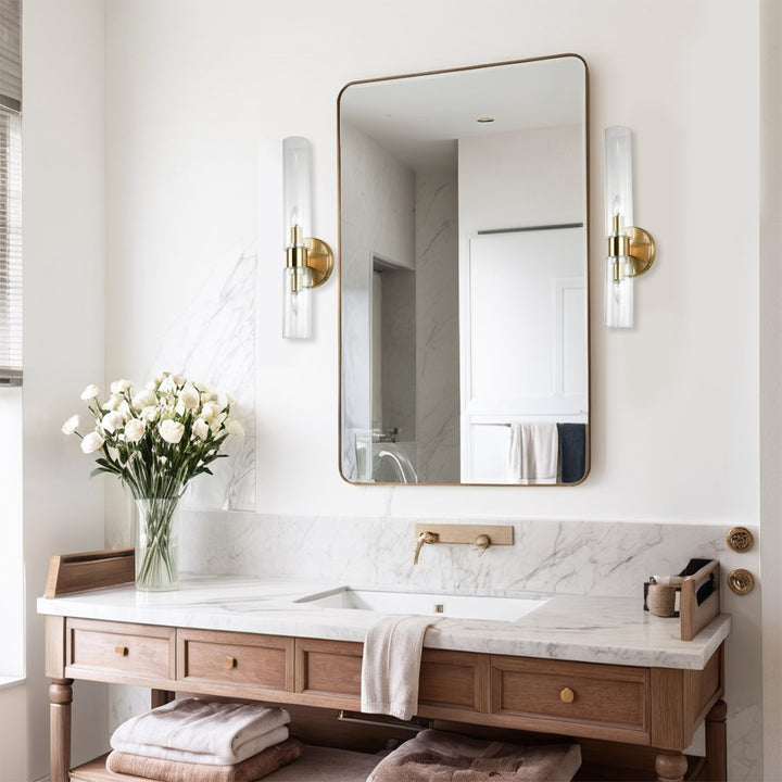 Modern 2-Light Wall Sconce with Clear Fluted Glass, Asymmetrical Double Tube Sconce Wet-rated Bathroom Light Fixture Over Mirror, Hardwired Wall Mount Lamp for Bedroom, Hallway, Living Room