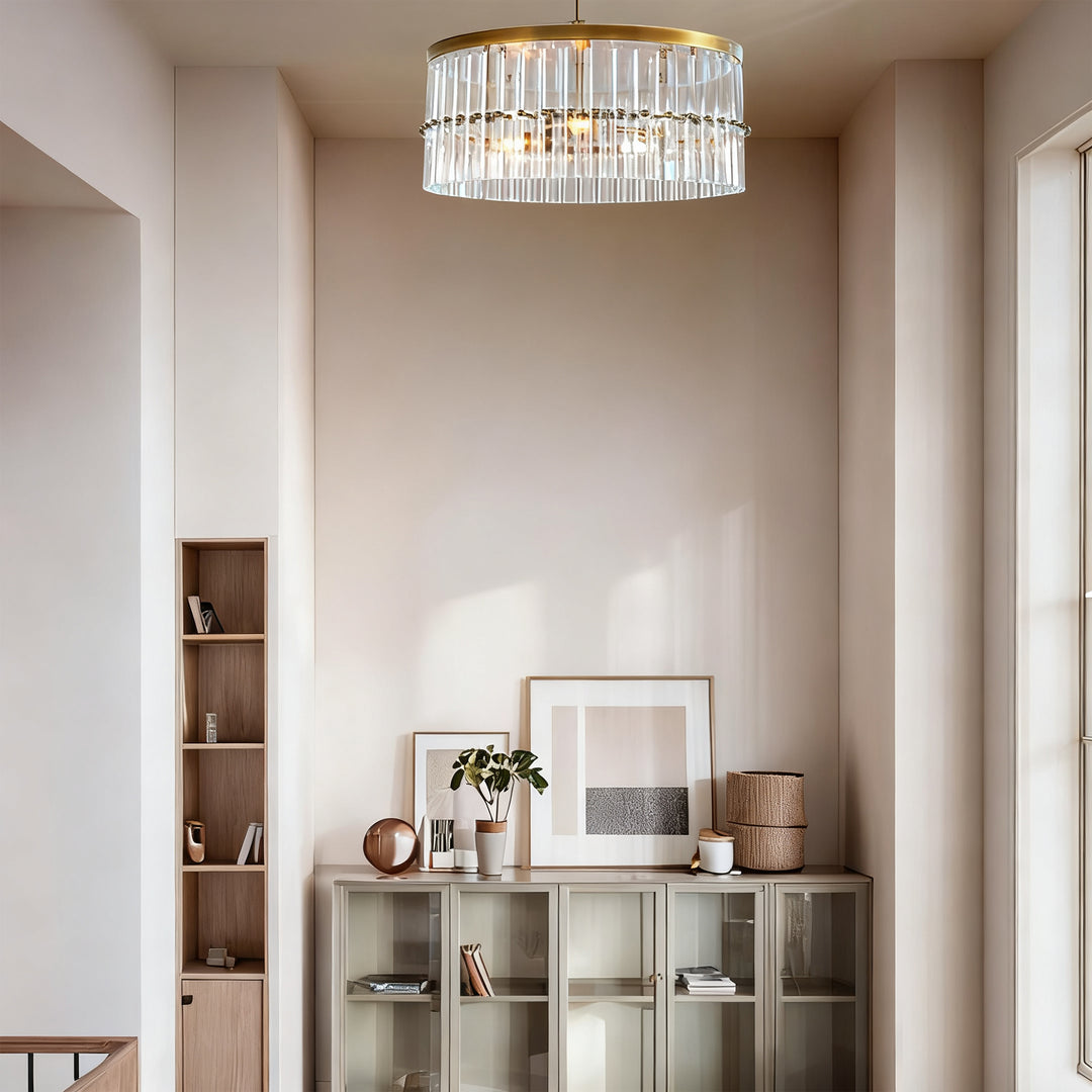 Luminous Steel Craft Flush Mount - Hand-Blown Cut Crystal Glass Shade with Optical Illumination and Tumbled Brass Finish for for Bedroom, Living Room, Dining Room