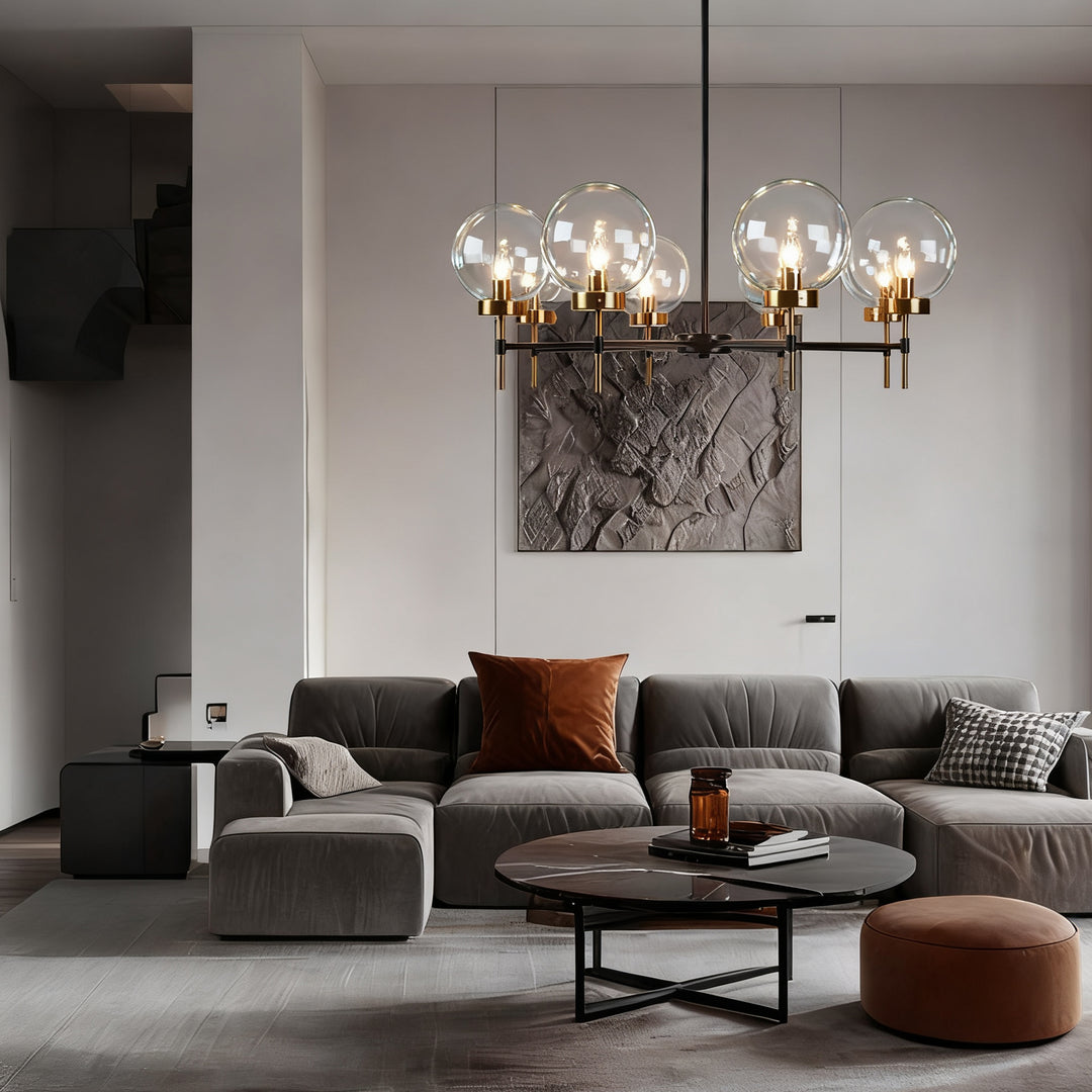 Mid-Century Modern Blown Glass Globe Chandelier - Adjustable Height with Two-Toned Metals for Dining Room, Living Room, and Sitting Room Lighting