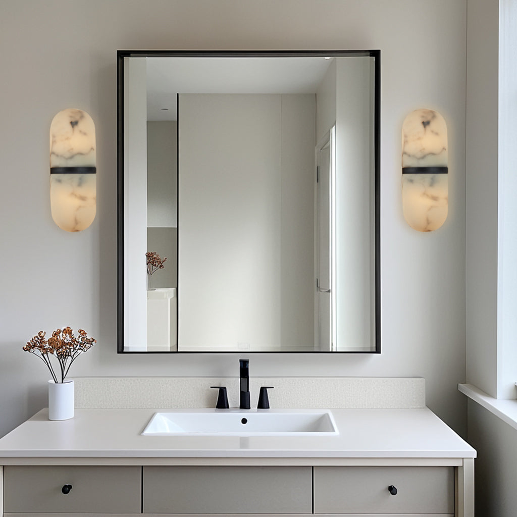 Alabaster Metal Damp Rated Hardwire Sconce - Alabaster and Metal Construction - Ideal for Wall Sconces, Bathroom Sconce, Kitchen Sconce, and Exterior Wall Lights