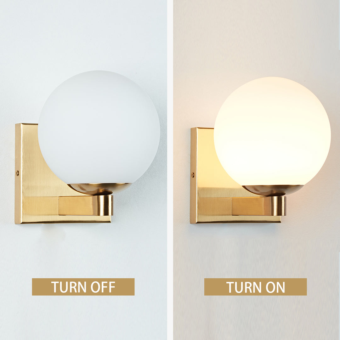 Globe Shade Matte Finish with Brass Accents Single Light Sconce - Blown Glass and Steel Frame for Outdoor, Living Room